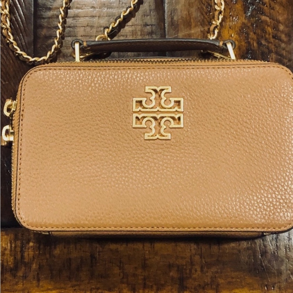 Tory Burch Britten Tan Pebbled Leather Small Top Handle Crossbody Case Bag Purse